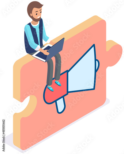 Online business advertising and outbound marketing concept. Man works with online advertising. Freelancer sitting on loudspeaker and working with laptop. Internet marketing using technology