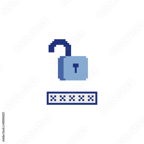 Lock and password icon. Pixel art flat style. Network and internet security. Design of websites and mobile apps. 8-bit. Game assets. Retro video game sprite. Isolated abstract vector illustration. 