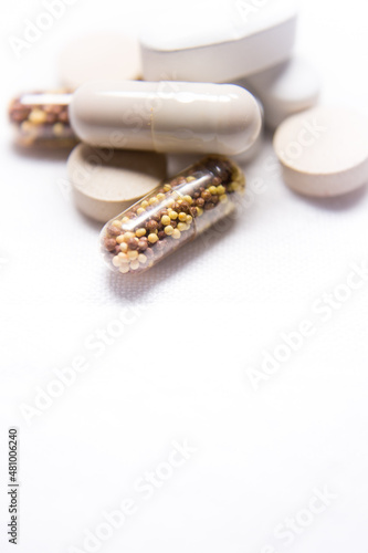 pills on white background selective focus, macro