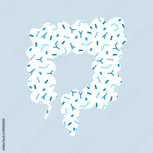 Gut microbiome concept. Human intestine microbiota with healthy probiotic bacteria. Flat abstract medicine illustration of microbiology checkup.