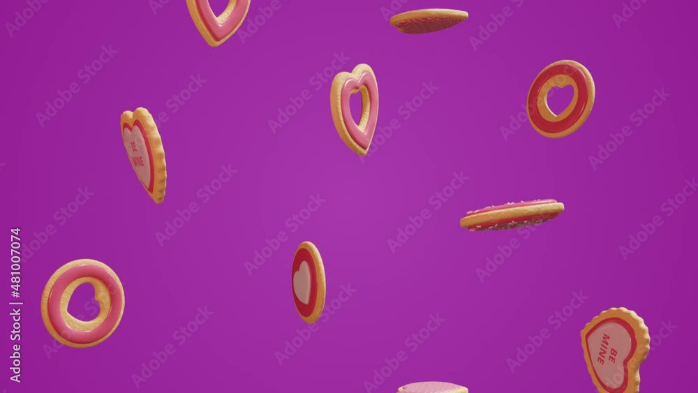 Valentine’s Day festive heart shaped pink sugar cookies falling down. Bright purple background. Realistic sweet candies. Handmade valentines Celebrative greetings. Seamless loop 3D Render 4K animation Valentine’s Day festive heart shaped pink sugar cookies falling down. Bright purple background. Realistic sweet candies. Handmade valentines Celebrative greetings. Seamless loop 3D Render 4K animation
