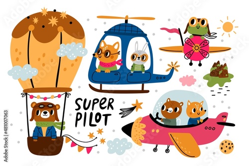 Animal pilots. Cartoon characters in aircrafts. Funny air transport with aviators. Bear flying on balloon. Fox and hare travel by helicopter. Frog driving plane. Vector sky vehicles set