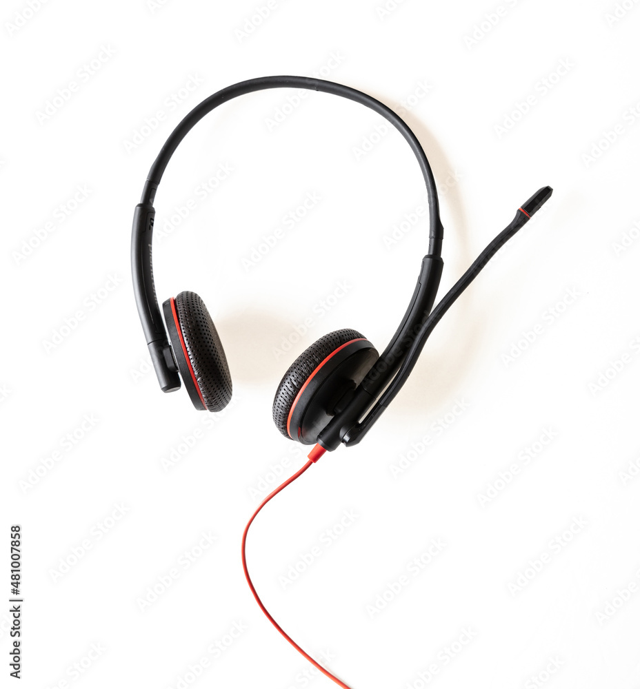 Call center headset isolated on white background. Customer support, helpline concept, design element Call center headset isolated on white background. Customer support, helpline concept, design element