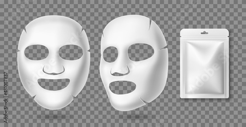 Cosmetic face mask. Realistic white fabric cotton mask with empty packaging mockup, different angles 3d blank sachet template, beauty product and package vector isolated set
