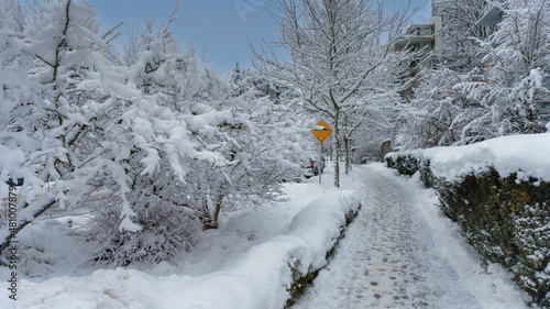 Sidewalk through winter wonderland at a Canadian suburban community after heavy snow.