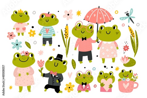 Cute frogs. Funny happy cartoon frog characters, family animals in clothes, romantic couple and kids, baby toads and amphibians, swamp aquatic inhabitants, childish vector isolated set