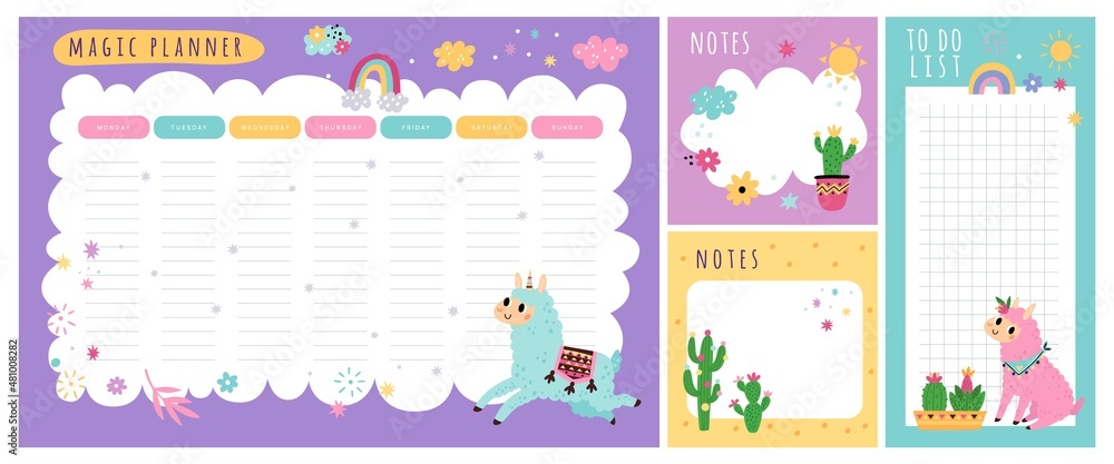 Cute llamas weekly planner. Kids schedule of classes. Notes and to do list. Memo pages with cactuses. Alpaca unicorn. Timetable design with animals. Organizer sheets. Vector reminders set Cute llamas weekly planner. Kids schedule of classes. Notes and to do list. Memo pages with cactuses. Alpaca unicorn. Timetable design with animals. Organizer sheets. Vector reminders set