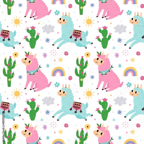 Cute llama elements seamless pattern. Pink and blue funny alpacas and cacti, trendy fluffy animals isolated on white background. Childish decor textile, wrapping paper wallpaper, vector print