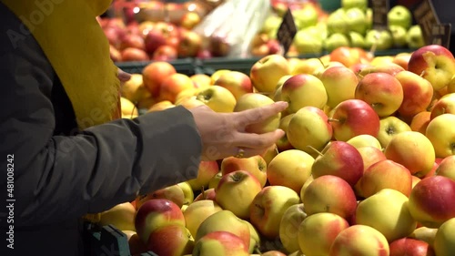 Woman chooses apples on the counter in the supermarket