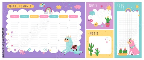 Cute llamas weekly planner. Kids schedule of classes. Notes and to do list. Memo pages with cactuses. Alpaca unicorn. Timetable design with animals. Organizer sheets. Vector reminders set