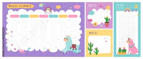 Cute llamas weekly planner. Kids schedule of classes. Notes and to do list. Memo pages with cactuses. Alpaca unicorn. Timetable design with animals. Organizer sheets. Vector reminders set photo