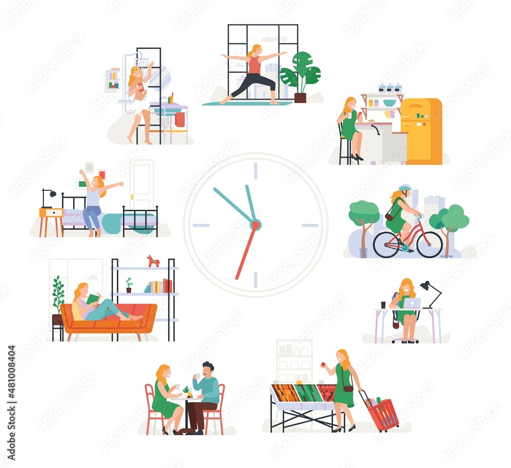Female daily routine time. Girl activity during day. Watch face with everyday scenes. Woman waking-up and taking shower. Character working and cycling in park. Clock dial. Vector concept
