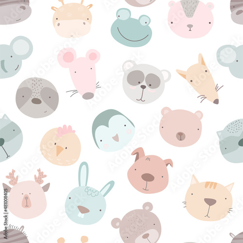Baby seamless pattern with hand drawn animals. Seamless background with cute animals head.  childish style great for fabric and textile, wallpapers, backgrounds.
