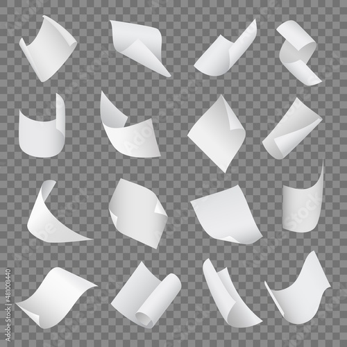 Flying curl papers. Realistic blank office pages, twisted white notebook sheets, different curve cards, empty various scattered documents, isolated bent objects, vector set