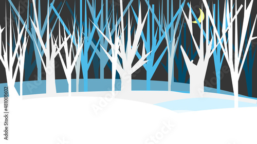 Night winter forest landscape with snowdrifts, vector illustration.