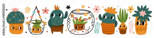 Funny cactus. Home plants in pots or different florariums. Kawaii succulents with cute faces in terrariums. Desert cacti in flowerpot. Cartoon floral characters. Vector houseplants set