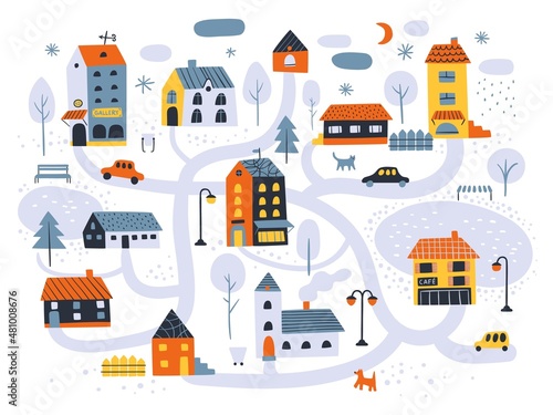 Houses city map. Winter streets scheme, tiny funny buildings with roads, parks and city elements, walking animals and trees, childish doodle abstract vector cartoon isolated concept