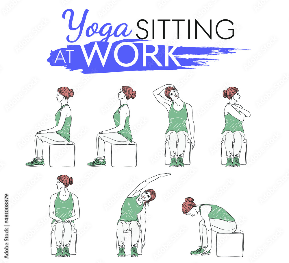 yoga set sitting on chair, young woman doing yoga. Fitness woman workout, aerobics and exercises. Design for apps, websites, print, presentations.