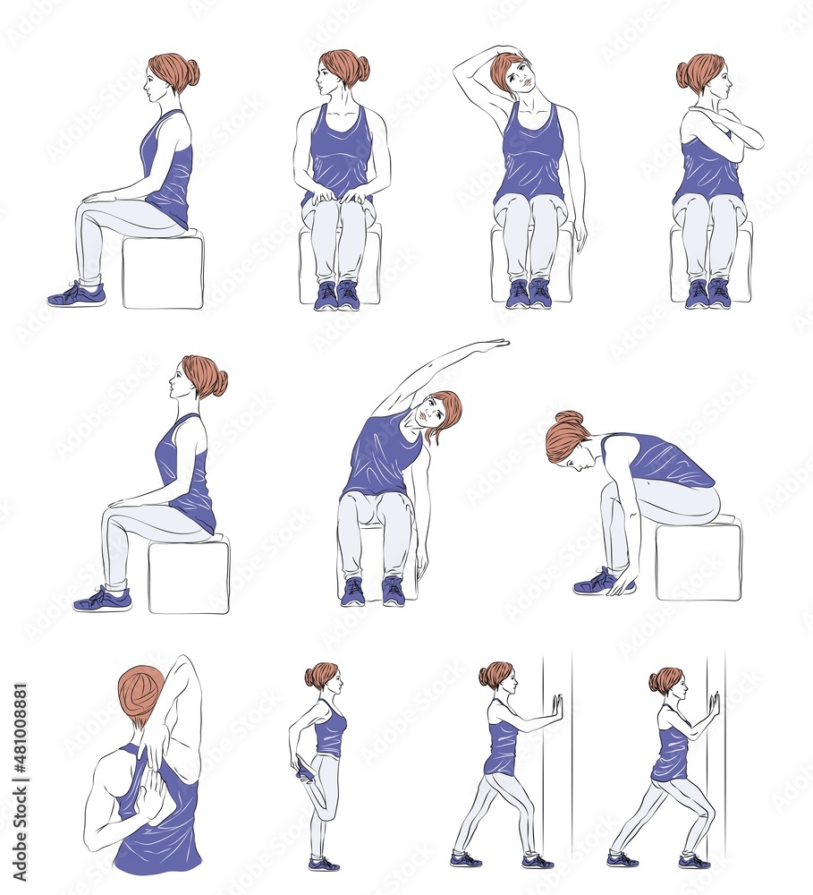 set of illustrations with young woman doing stretching exercises while sitting at workplace, healthy lifestyle. balance training. Design for apps, websites, print set of illustrations with young woman doing stretching exercises while sitting at workplace, healthy lifestyle. balance training. Design for apps, websites, print