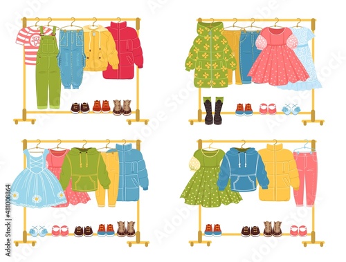 Kids clothes hanger racks. Childish apparel store. Girly and boyish things stands. Different seasons sales. Fashion boutique. Garments and footwear. Vector wardrobe set for children