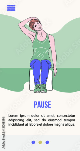 Vector illustration with young woman doing stretching exercises while sitting at workplace, healthy lifestyle. balance training. Design for apps, websites, print, presentations.