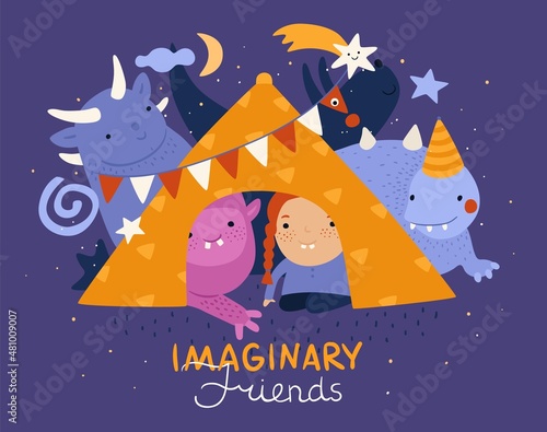 Kids with imaginary friends. Girl in children tent and cute happy monsters. Fabulous creatures. Fantasies and play in fictional world. Dreamlike animals and funny dreamer. Vector concept