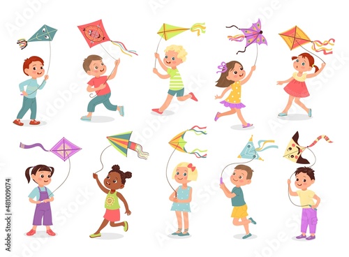 Kids with kites. Happy children play with color kites, different design flying toys, funny boys and girls, outdoor active summer games, vector cartoon flat style isolated set