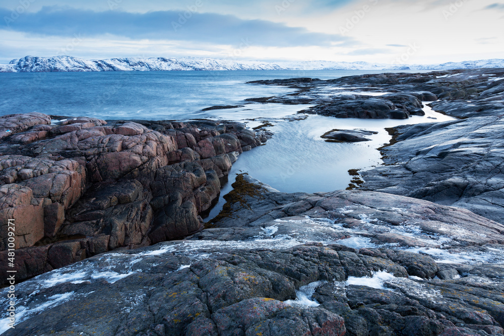 Arctic landscape, Barents Sea on sunset