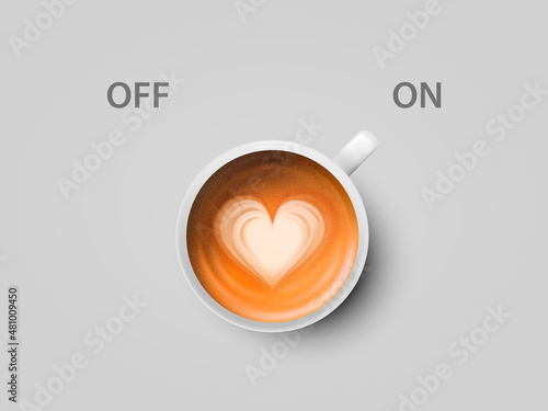 Vector 3d Realistic Off, On Switch with Cappuccino, Latte Coffee in White Ceramic, Porcelain Coffee Mug on Whitek. Coffee Cup Icon. Concept Creative Banner with Coffee Cup. Design Template. Top View