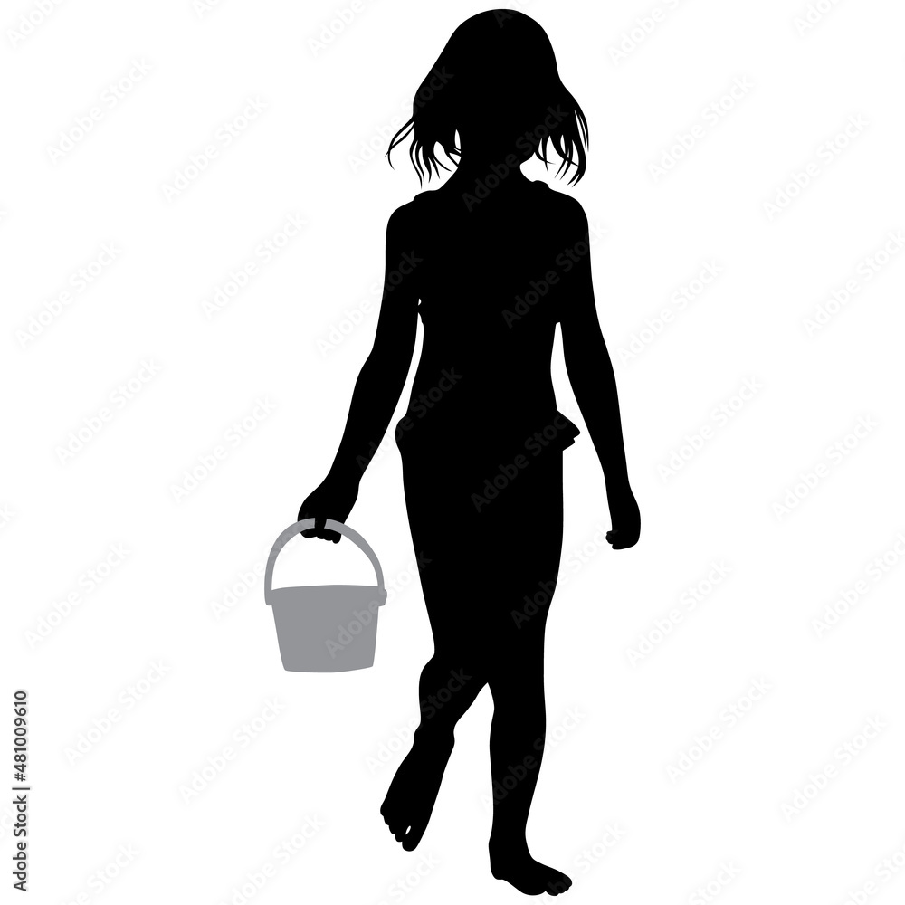 black silhouette of little girl with bucket in her hand