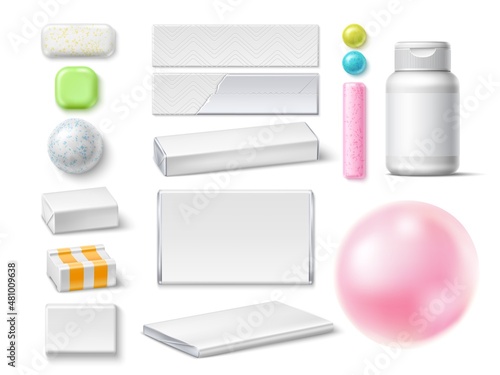 Realistic chewing gum. Different types bubblegum. Chewy refreshing pads or plates. Isolated balls and bars for teeth hygiene. Various 3D packaging options. Jar and wrappers. Vector set