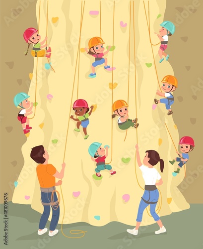 Rock extreme climbing. Kids climb steep wall with ledges under adult instructor supervision. Artificial mountain for alpinism workout. Mountaineers clambering with ropes. Vector concept