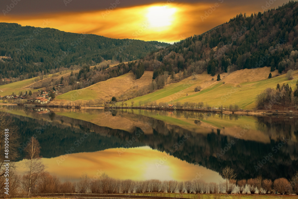 Scenic reflection of the landscape at lake Schliersee in Bavaria