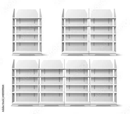 Store shelves. Realistic modular merchandising shelving. Front view of isolated racks. 3D markets stands. Bookcase furniture for products presentation. Vector supermarket showcases set