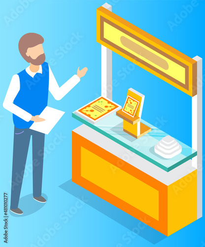 Man promoting near stand with presentation product catalogs. Leafleting, advertising campaign, work in marketing company, promotion concept. Male promoter is salling books vector illustration