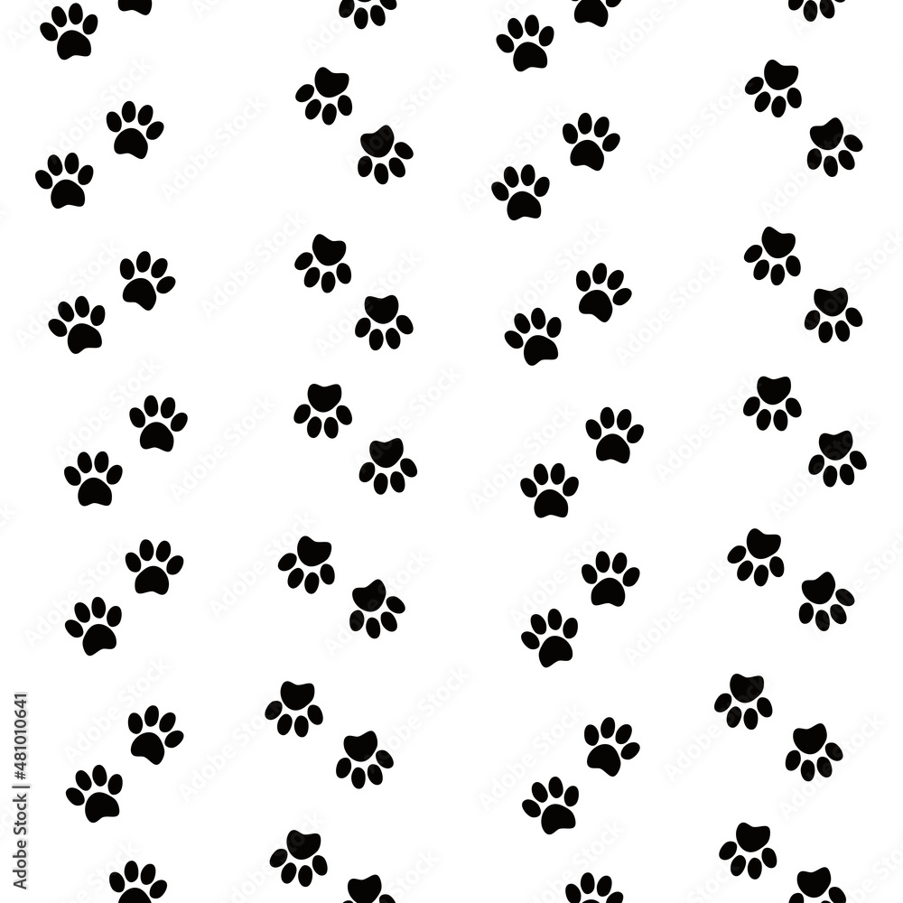 Pet paw seamless pattern. Vector illustration with cat or dog paw on white background. It can be used for wallpapers, wrapping, cards, patterns for clothes and other.