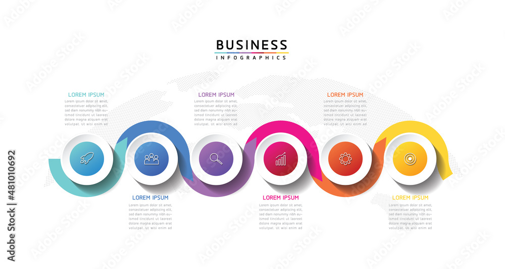 Vector illustration, infographics design, template, marketing, information, with 6 options or steps Vector illustration, infographics design, template, marketing, information, with 6 options or steps