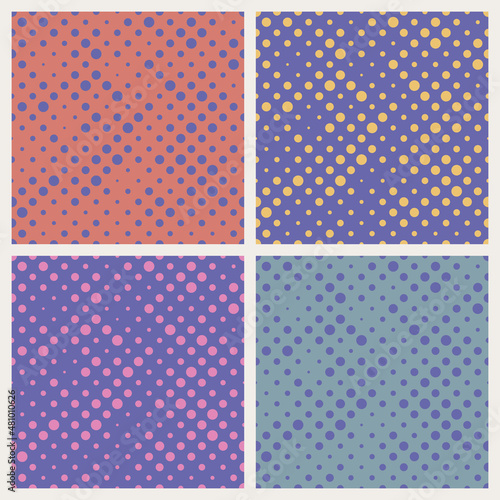 Seamless polka dot pattern background set. Color trend of the year 2022 very peri. Design texture elements for fabric, tile, banner, template, card, cover, poster, backdrop, wall. Vector illustration.