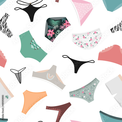Woman Panties seamless pattern. Underwear background. Female lingerie symbols, vector illustration collection on white