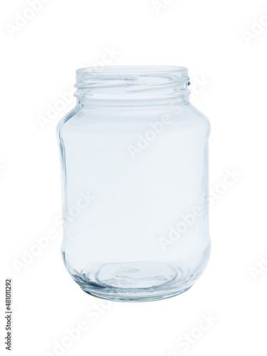 Empty, open jar made of transparent glass. For food and canned goods. Isolated on a white background , close - up