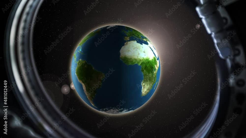 Departure from Earth on a spaceship. a sharp hyper-jump in space. The receding planet Earth through the porthole of a spaceship. realistic 3d animation Departure from Earth on a spaceship. a sharp hyper-jump in space. The receding planet Earth through the porthole of a spaceship. realistic 3d animation