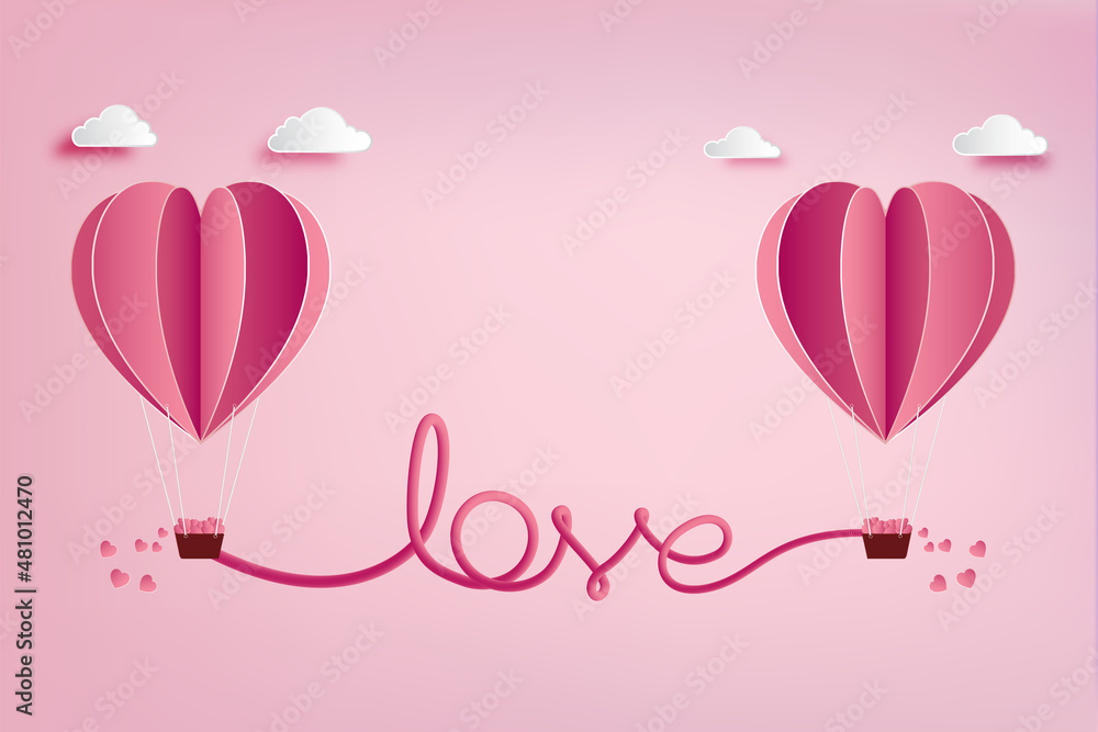 love Invitation card Valentine's day balloon heart on pink background with text love paper cut pink heart.
