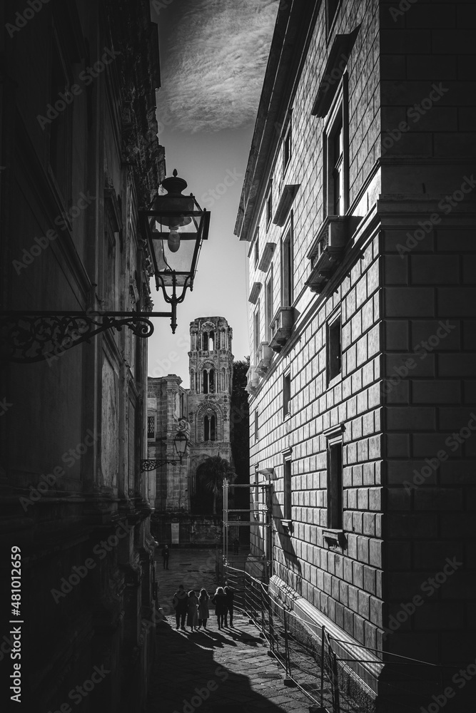 Black and White historical inner city of Palermo on Sicily in Italy in Winter