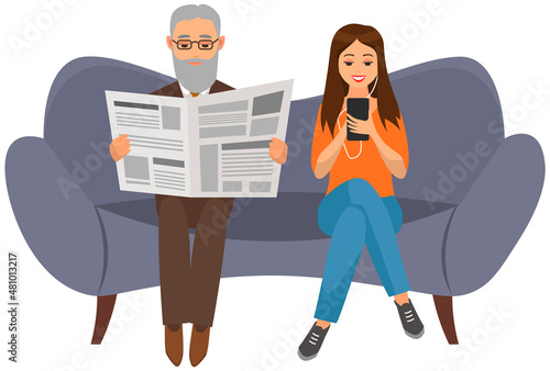 Old person reading newspaper and lady sitting on couch talking on phone. Daily publication, relax, young woman communicating, eldery man reading news. People get information from different sources