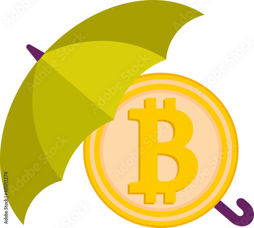 Bitcoin under the umbrella. Reliability and security, money protection, business, banking, blockchain, cryptocurrency vector.