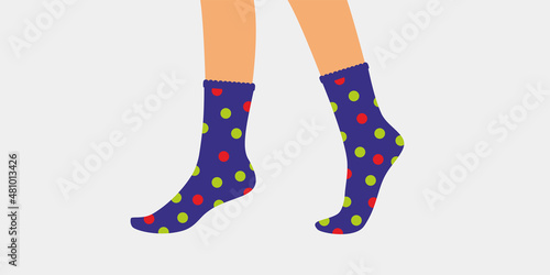 Socks, knee socks, stockings. Woman, female, girls feet, legs walking in bright colored print , footwear. Fashion socks, knee socks with bright color ornament. Color Isolated flat vector illustration 