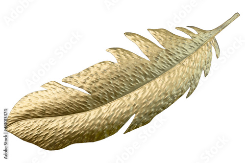 Decorative ornament with feather made from metal on white background.