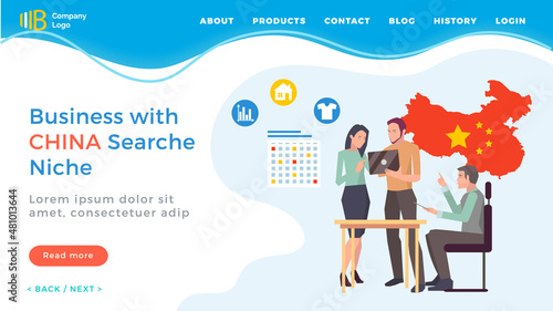 Business with China search niche landing page. Man and woman discussing international business, teamwork. Chinese map symbol and international collaboration website or webpage template vector