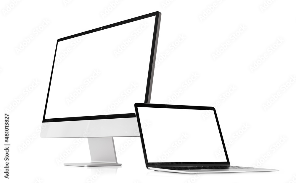 Modern desktop and laptop computers isolated on white background - obrazy, fototapety, plakaty 