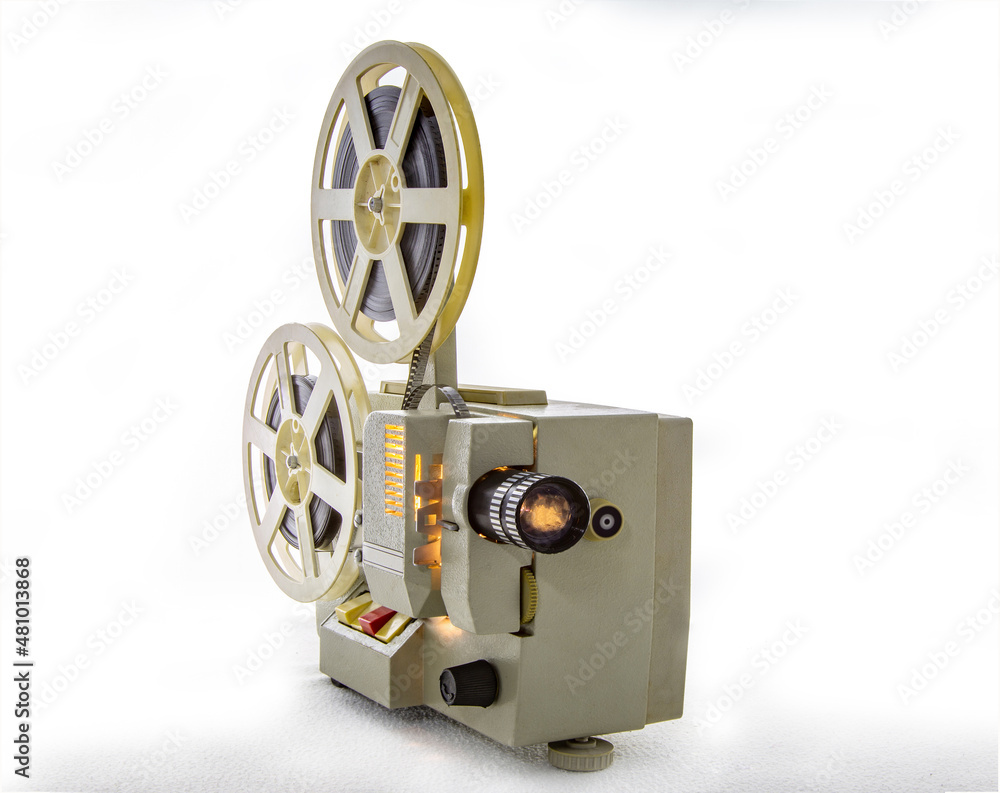 Vintage film projector made in the USSR on a white background